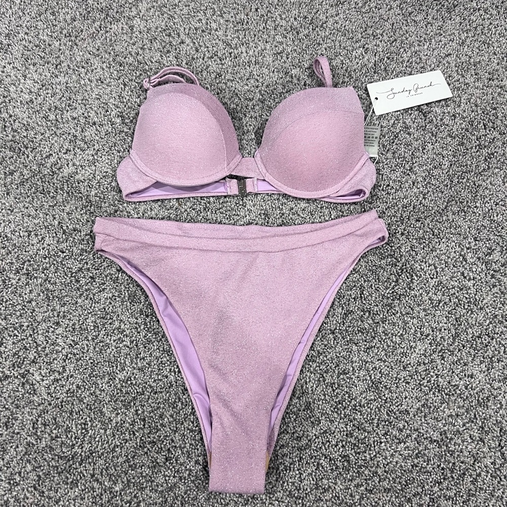 NWT! Sunday Brunch 2 Piece Bikini Shimmer Padded Underwired Pink Swimsuit Small